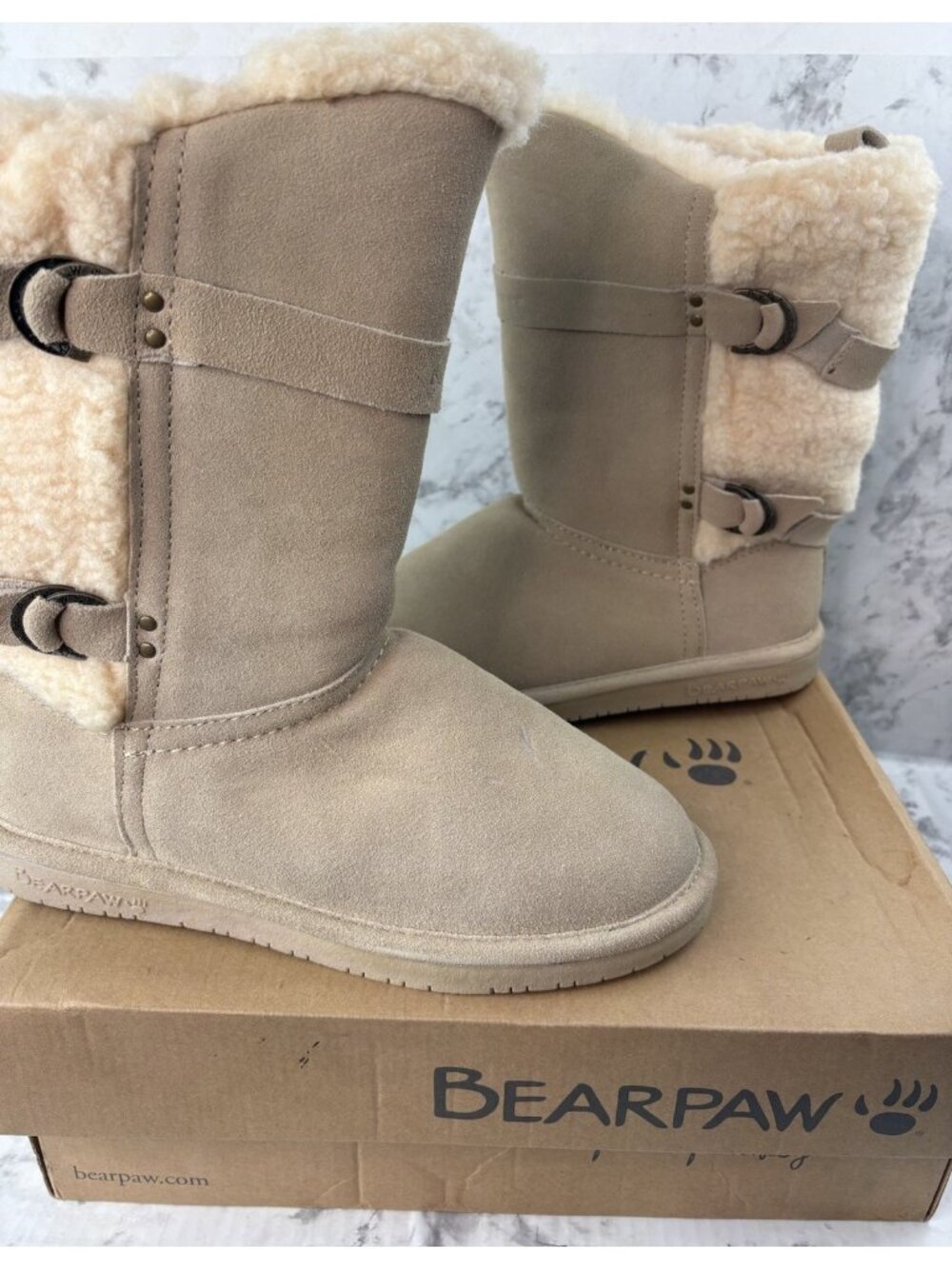 *New Bearpaw Mid Calf Boots Shearling Wool Lined Womens US 10 Tan Suede Leather - Picture 6 of 13
